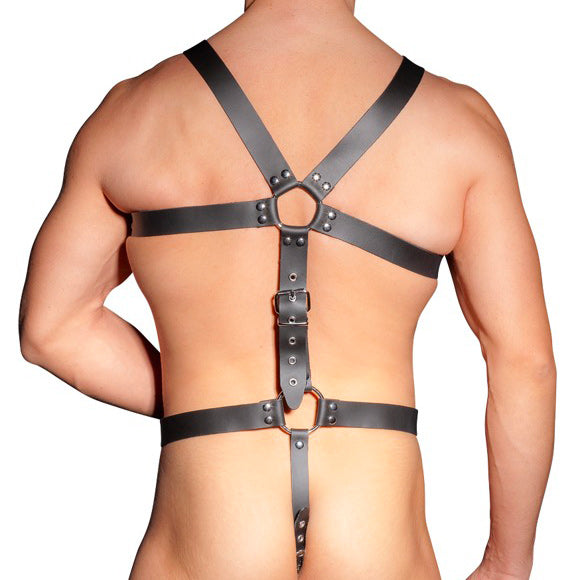 Mens Leather Adjustable Harness With Cock Ring